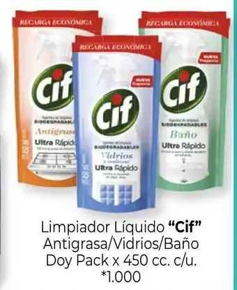 La Anonima Cif Limpiador Líquido Antigrasa/Vidrios/Baño Doy Pack x 450cc. c/u. oferta