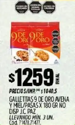 Supermercados Yaguar 9 de oro galletitas avena y miel/pasas oferta