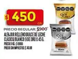 Supermercados DIA 9 de oro alfajor relleno dulce de leche clasico/blanco oferta