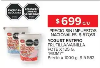 Momy yogurt entero frutilla/vainilla pote