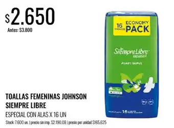 Supermercados Tadicor Johnson toallas femeninas siempre libre especial con alas oferta