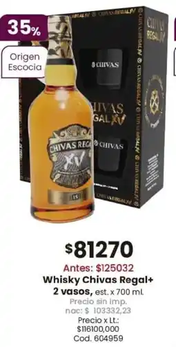Coto Chivas regal whisky + 2 vasos, est. oferta