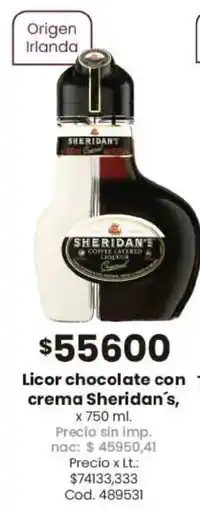 Coto Sheridan's licor chocolate con crema oferta
