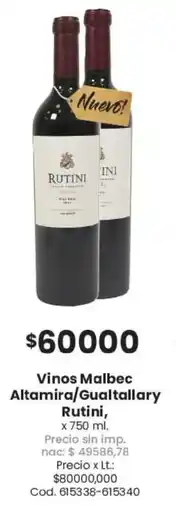 Coto Rutini vinos malbec altamira/gualtallary oferta