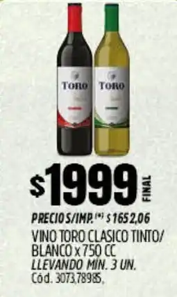 Supermercados Yaguar Toro vino clasico tinto/ blanco oferta