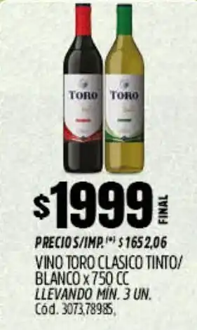 Supermercados Yaguar Toro vino clasico tinto/ blanco oferta