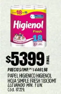 Supermercados Yaguar Higienol papel higienico hoja simple fresh oferta