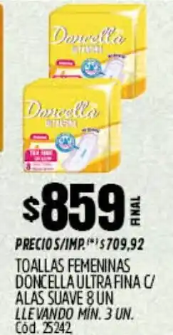 Supermercados Yaguar Doncella toallas femeninas ultrafina c/ alas suave oferta