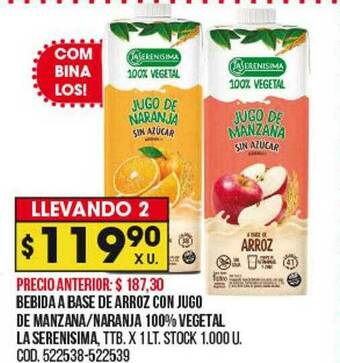 Coto Bebida A Base De Arroz Con Jugo De Manzana Naranja 100% Vegetal La Serenisima oferta