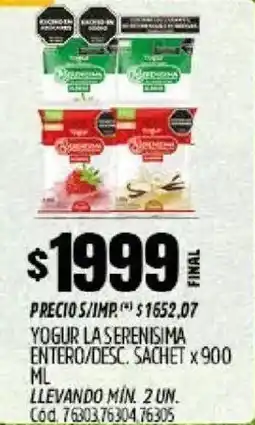Supermercados Yaguar La serenisima yogur entero/desc. sachet oferta