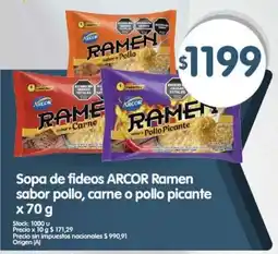 Supermercados Buenos Días Arcor ramen sopa de fideos sabor pollo, carne o pollo picante oferta
