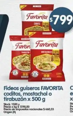 Supermercados Buenos Días Favorita fideos guiseros coditos, mostachol o tirabuzón oferta