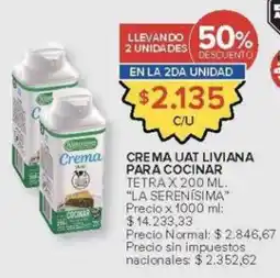 Carrefour La serenísima crema uat liviana para cocinar tetra oferta