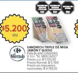 Carrefour El mercado sandwich triple de miga jamón y queso pan blanco/negro oferta