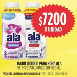 Supermercados Vea Ala jabón líquido para ropa vs. presentaciones, bot. oferta