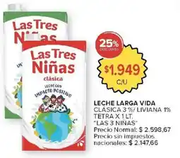 Carrefour Las 3 niñas leche larga vida clásica 3%/ liviana 1% tetra oferta