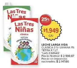 Carrefour Las 3 niñas leche larga vida clásica 3 %/ liviana 1% tetra oferta