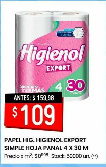 Changomas Papel hig. higienol export simple hoja panal 4 x 30 m oferta
