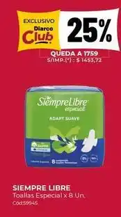 Diarco Siempre libre - toallas especial x 8 un. cód:59945 oferta
