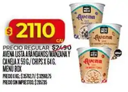 Supermercados DIA X$ - avena lista a randanos, manzana y canela x 59 g / chips x 64 g oferta