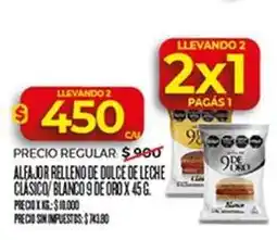 Supermercados DIA 9 de oro - alfajor relleno de dulce de leche clasico/ blanco 9 de oro oferta