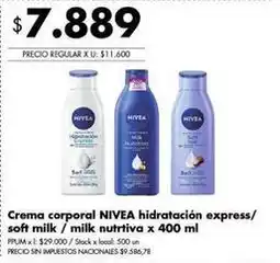 Disco Nivea - crema corporal hidratación express / soft milk / milk nutritiva oferta