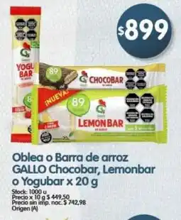 Supermercados Buenos Días Gallo oblea o barra de arroz chocobar, lemonbar o yogubar oferta