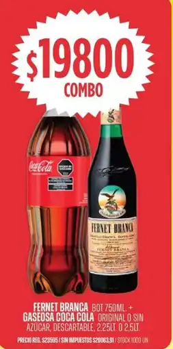 Supermercados Vea Fernet branca bot + gaseosa coca cola original o sin azúcar, descartable oferta