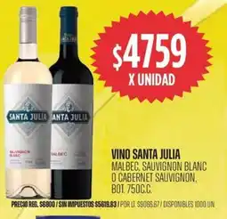 Supermercados Vea Santa julia vino malbec, sauvignon blanc o cabernet sauvignon, bot. oferta