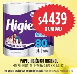 Supermercados Vea Higienol papel higiénico simple hoja, aloe vera oferta