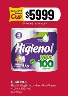 Diarco Higienol - papel higiénico max aloe panal 4 un x 100 mt. cód:26335 oferta