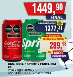 Maxiconsumo Coca cola gas / sprite / fanta 354 cc oferta