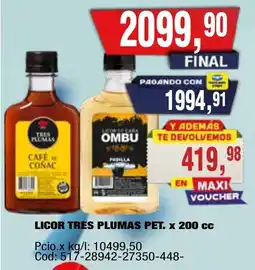 Maxiconsumo Tres plumas licor pet oferta