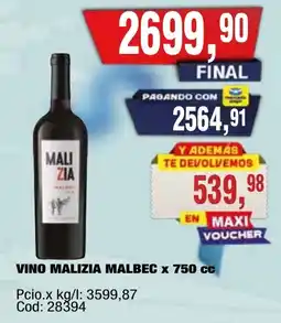 Maxiconsumo Malizia vino malbec oferta