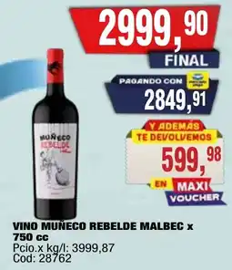Maxiconsumo Muñeco vino rebelde malbec oferta