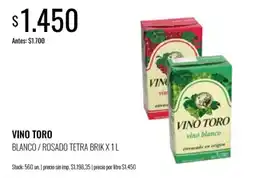Supermercados Tadicor Vino toro blanco / rosado tetra brik x 1 l oferta