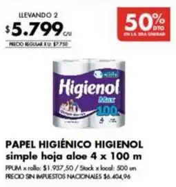 Disco Higienol papel higiénico simple hoja aloe oferta