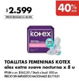 Disco Kotex toallitas femeninas alas extra suave nocturna oferta