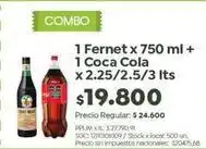 Jumbo Coca cola - fernet x 750 ml + coca cola x 2.25/2.5/3 lts oferta