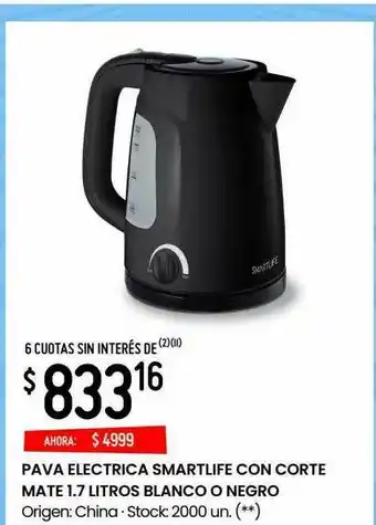 Walmart Pava Electrica Smartlife Con Corte Mate 1.7 Litros Blanco O Negro oferta