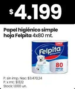 Changomas Felpita papel higiénico simple hoja oferta
