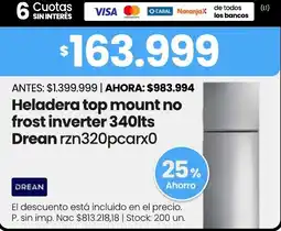 Changomas Drean heladera top mount no frost inverter 340lts oferta
