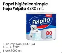 Changomas Felpita papel higiénico simple hoja oferta