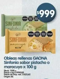 Supermercados Buenos Días Gaona obleas rellenas sinfonia sabor pistacho o maracuya oferta