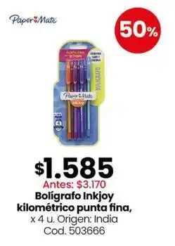 Coto Paper mate - bolígrafo inkjoy kilométrico punta fina, x 4 u. cod. 503666 oferta