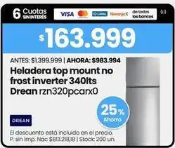 Changomas Drean - heladera top mount no frost inverter 340lts rzn320pc arx0 oferta