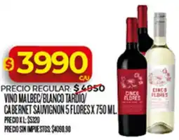 Supermercados DIA 5 flores vino malbec/blanco tardio/ cabernet sauvignon oferta