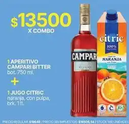 Supermercados Vea Aperitivo campari bitter bot. 750 ml. + jugo citric naranja, con pulpa, brk. 1 lt oferta