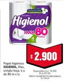 Cooperativa Obrera Higienol - papel higi uevo , max, simple hoja, 4 u de 80 m c/u oferta
