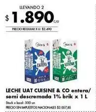 Disco Leche uat cuisine & co entera/semi descremada 1% brik x 1 l oferta